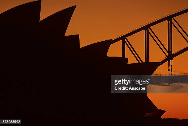 Sydney Opera House in silhouette in twilight afterglow. Sydney, New South Wales, Australia.