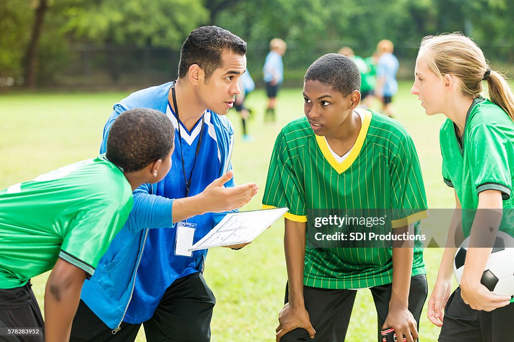 Soccer coach talks about play during time out