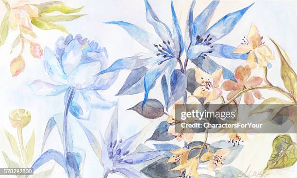 Fond Aquarelle Avec Des Fleurs Bleues Et Jaunes Pivoine Orche Illustration  - Getty Images