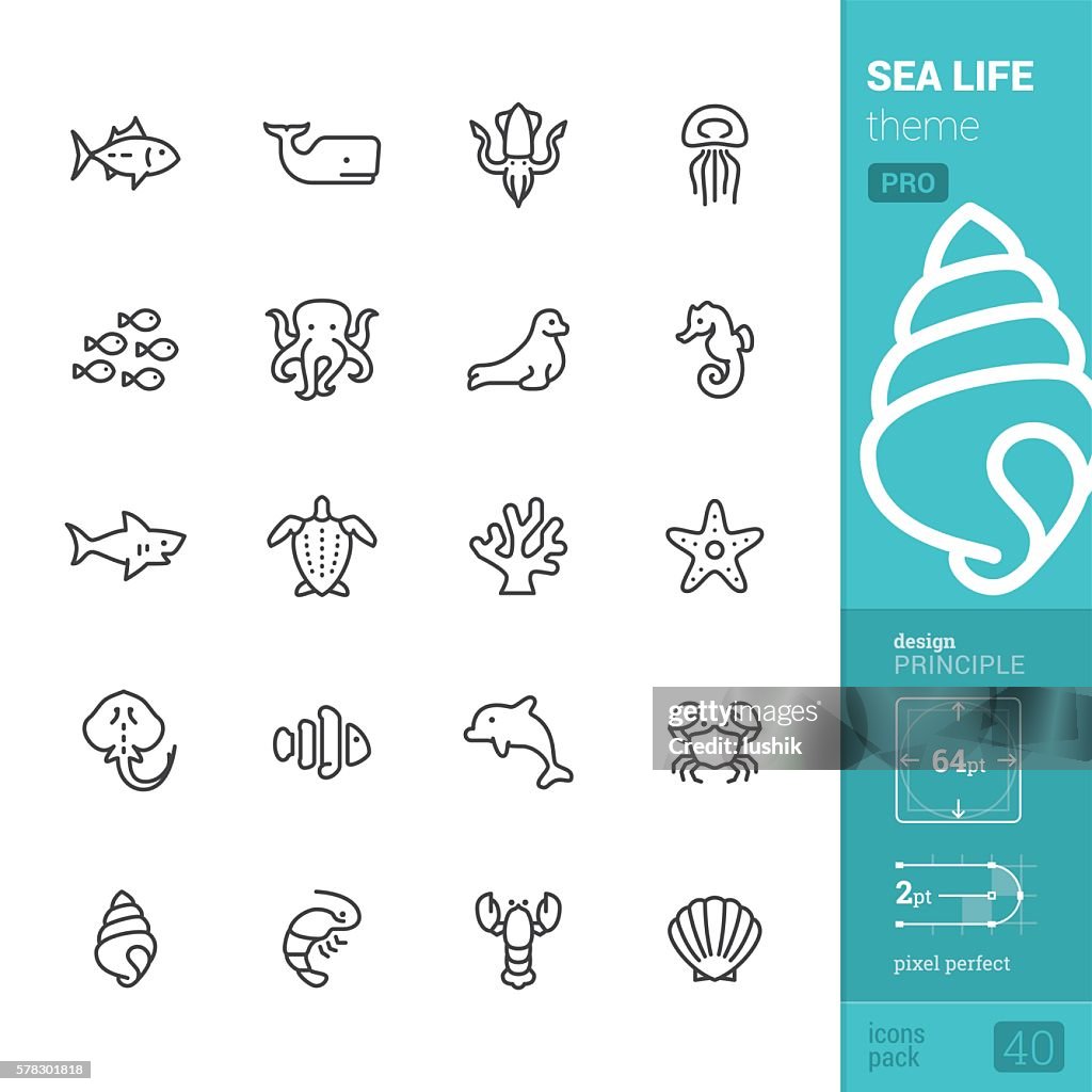 Sea Life Thema, Umriss Vektor-Symbole - PRO Pack