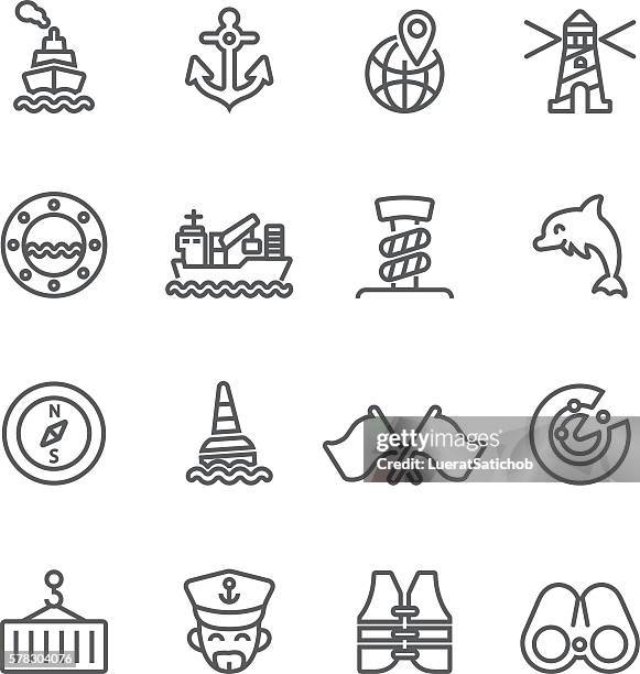 shipping port line icons | eps10 - offshore wind construction stock illustrations