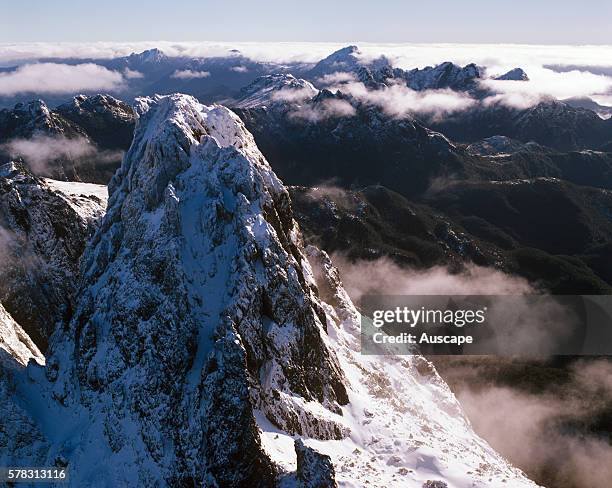 Federation Peak in winter, aerial photograph. Southwest National Park, Tasmania, Australia.