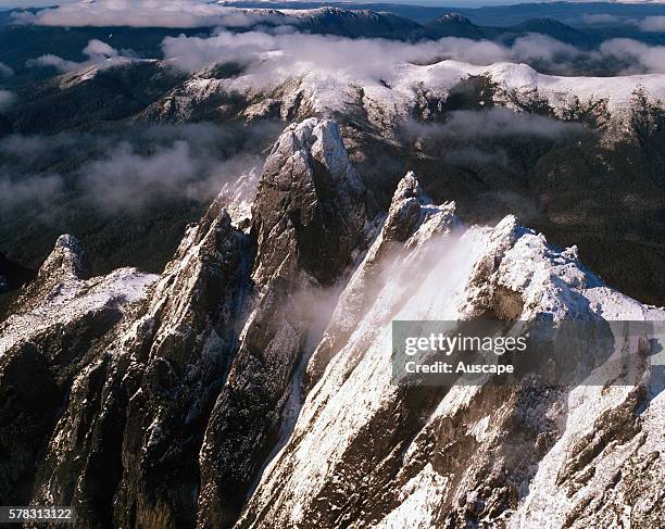 Federation Peak in winter, aerial photograph. Southwest National Park, Tasmania, Australia.