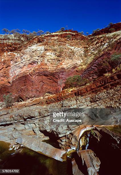 Banded ironstone formation between 2 and 2.2 billion years old, showing tectonic wave of compressed bands of iron and silica. Hamersley Gorge,...