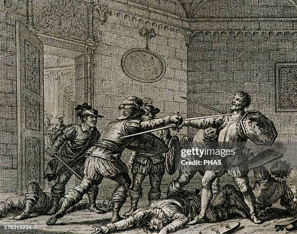 Francisco Pizarro . Spanish conqueror. Conquered the Incan Empire. The son of Diego Almagro assassinating Pizarro in Lima, Peru, 1541. Engraving,...