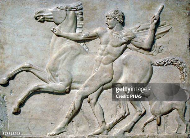 Roman art. Bas-relief. Boy with a horse, probably Castor taming his horse, acompanied by a dog. Found in the pantanella of Hadrian's Villa at Tivoli....