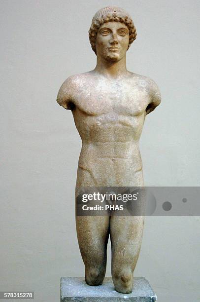 Statue of a Kouros . The Strangford Apollo. Marble. 500-490 BC. From island of Anaphe. British Museum, London, England, United Kingdom.