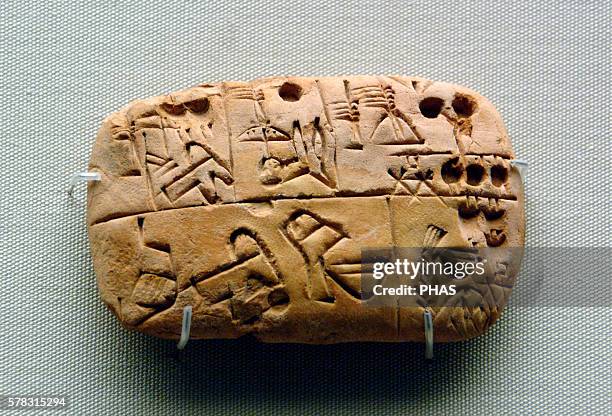 Early writing. Pictographs drawn. Mesopotamia. Record of food supplies. From Iraq. Late Prehistoric period. About 3000BC. Early administrative text....