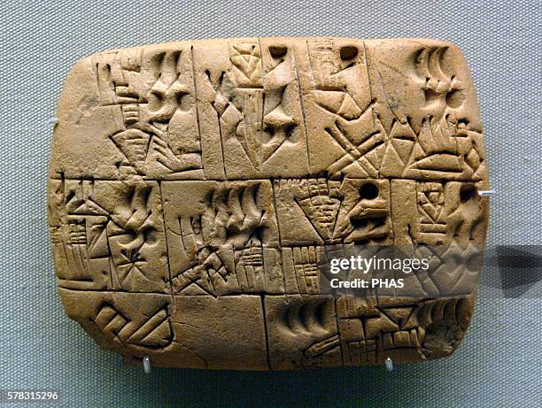 Mesopotamia. Clay Tablet. Pictographs drawn. Early writing tablet recording the allocation of beer. Iraq. Late Prehistoric period. 3100-3000BC....