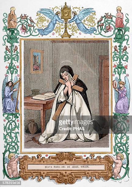 Blessed Mariana of Jesus, born Ana Maria Navarro Guevara and Romero . Spanish tertiary of the Order of Mercy. Engraving by Capuz, 1852. Colored.