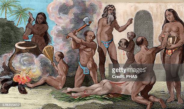 Brazil. 16th century. Cannibals preparing the meal. French engraving by Prot and drawing by Demoraine, 1844. Colored.