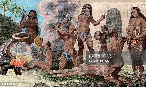 Brazil. 16th century. Cannibals preparing the meal. French engraving by Prot and drawing by Demoraine, 1844. Colored.