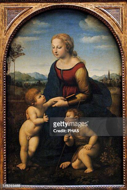 Raphael . Italian painter. High Renaissance. La belle jardiniere or Madonna and Child with Saint John the Baptist. Oil on panel. 1507. Louvre. Paris,...