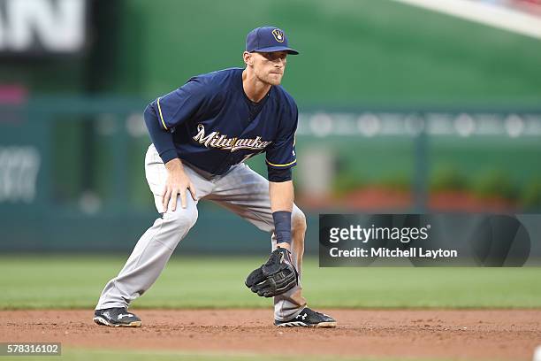 Will Middlebrooks of the Milwaukee Brewers in position during a baseball game against the Washington Nationals at Nationals Park on July 5, 2016 in...