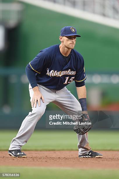 Will Middlebrooks of the Milwaukee Brewers in position during a baseball game against the Washington Nationals at Nationals Park on July 5, 2016 in...