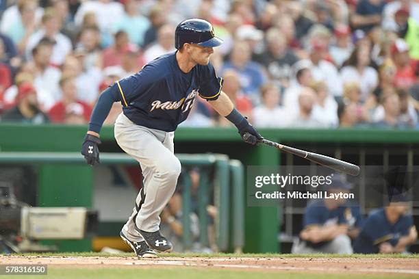 Will Middlebrooks of the Milwaukee Brewers takes a swing during a baseball game against the Washington Nationals at Nationals Park on July 5, 2016 in...