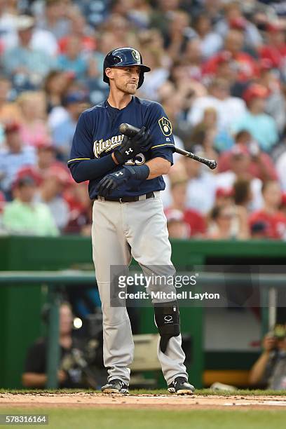 Will Middlebrooks of the Milwaukee Brewers looks on during a baseball game against the Washington Nationals at Nationals Park on July 5, 2016 in...