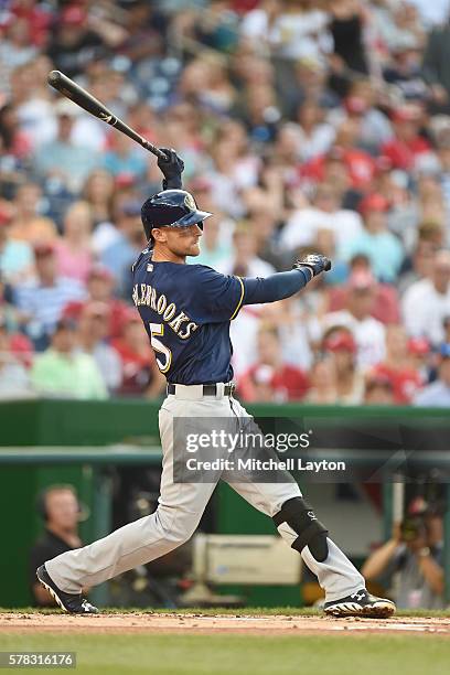 Will Middlebrooks of the Milwaukee Brewers takes a swing during a baseball game against the Washington Nationals at Nationals Park on July 5, 2016 in...