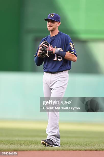 Will Middlebrooks of the Milwaukee Brewers looks on before a baseball game against the Washington Nationals at Nationals Park on July 5, 2016 in...