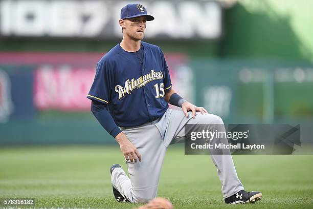 Will Middlebrooks of the Milwaukee Brewers looks on before a baseball game against the Washington Nationals at Nationals Park on July 5, 2016 in...