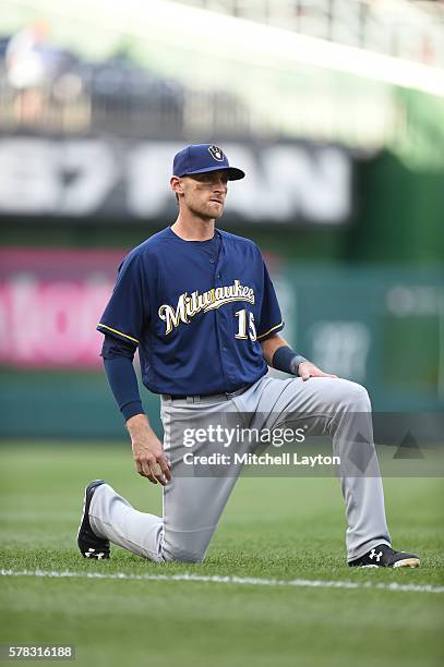 Will Middlebrooks of the Milwaukee Brewers looks on before a baseball game against the Washington Nationals at Nationals Park on July 5, 2016 in...