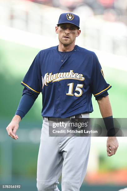 Will Middlebrooks of the Milwaukee Brewers looks on before a baseball game against the Washington Nationals at Nationals Park on July 5, 2016 in...