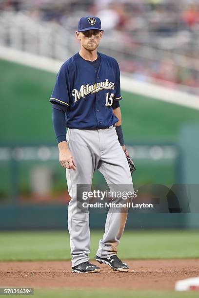 Will Middlebrooks of the Milwaukee Brewers looks on during a baseball game against the Washington Nationals at Nationals Park on July 5, 2016 in...