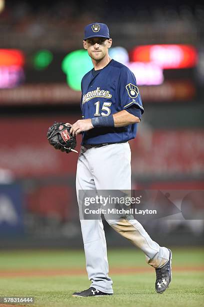 Will Middlebrooks of the Milwaukee Brewers looks on during a baseball game against the Washington Nationals at Nationals Park on July 5, 2016 in...