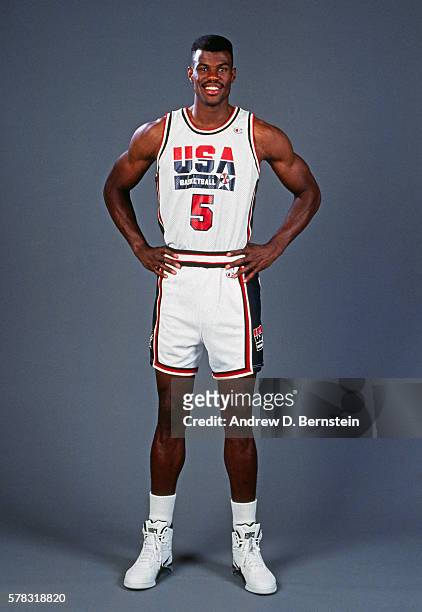 David Robinson of the United States Men's National Basketball Team poses for a photo at the 1992 Summer Olympics in Barcelona, Spain. NOTE TO USER:...