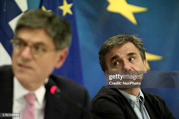 Greek Finance Minister Euclid Tsakalotos and US Treasury Secretary Jack Lew, during a joint press conference, after their meeting at the Finance...