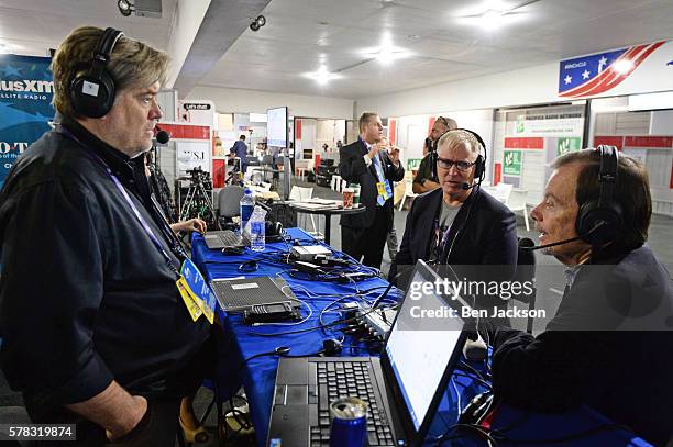 Stephen K. Bannon talks with Jim Hoft, author at The Gateway Pundit, and Gary Bauer, radio host at SiriusXM, during an episode of Brietbart News...