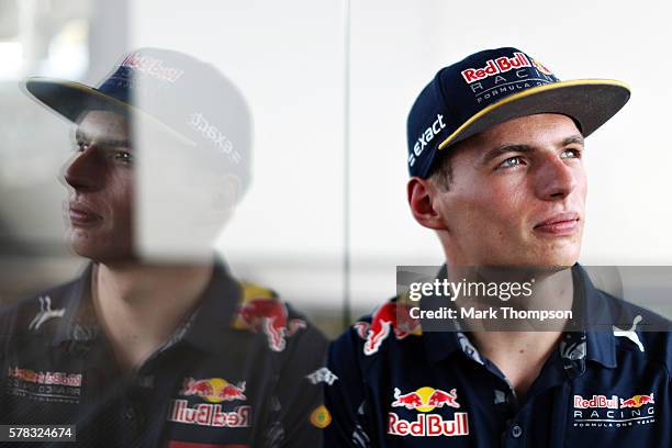 Max Verstappen of Netherlands and Red Bull Racing in the Paddock during previews ahead of the Formula One Grand Prix of Hungary at Hungaroring on...