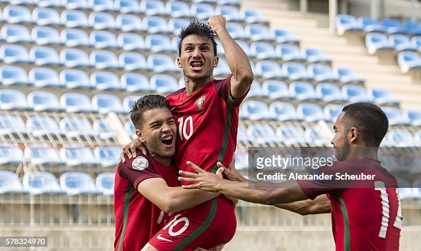 Pedro Pacheco of Portugal celebrates the first goal for his team with Joao Carvalho of Portugal during the U19 match between Portugal and France at...