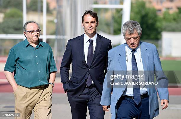 Spanish coach Julen Lopetegui and president of the Spanish football federation Angel Maria Villar arrive to give a press conference after Lopetegui's...