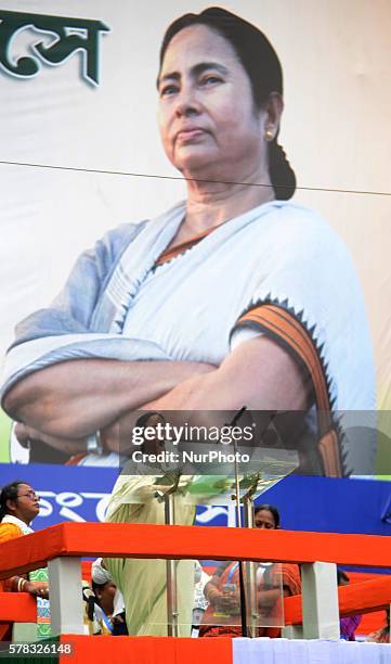 Trinamool Congress Party Supremo and West Bengal Chief Minister Mamata Banerjee deliver her speech during a massive rally in Kolkata , India on...