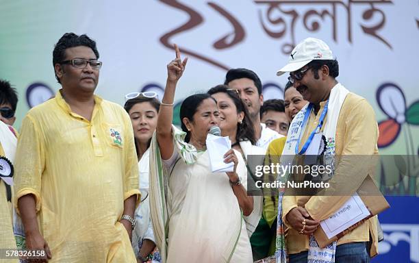 Trinamool Congress Party Supremo and West Bengal Chief Minister Mamata Banerjee deliver her speech during a massive rally in Kolkata , India on...