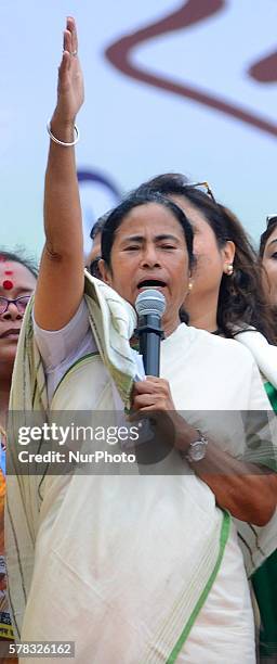 Trinamool Congress Party Supremo and West Bengal Chief Minister Mamata Banerjee deliver her speech during a massive rally in Kolkata , India on...
