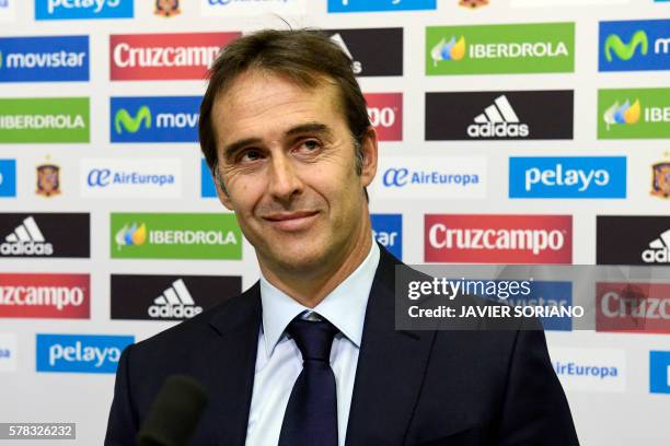 Spanish coach Julen Lopetegui smiles during a press conference following his appointment as new manager of the Spanish national football team in...