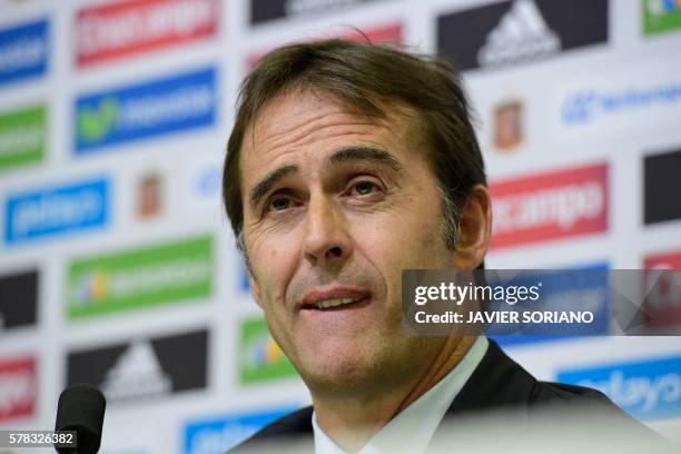 Spanish coach Julen Lopetegui gestures during a press conference following his appointment as new manager of the Spanish national football team in...