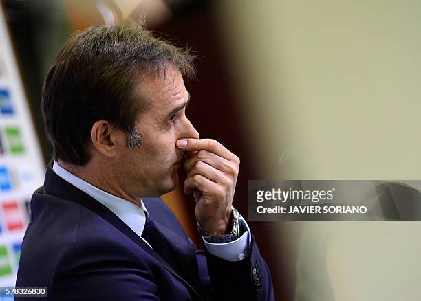 Spanish coach Julen Lopetegui gestures during a press conference following his appointment as new manager of the Spanish national football team in...