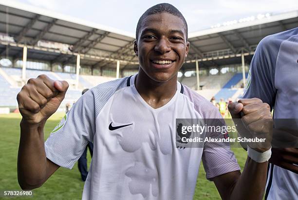 Kylian Mbappe of France celebrates the victory during the U19 match between Portugal and France at Carl-Benz-Stadium on July 21, 2016 in Mannheim,...