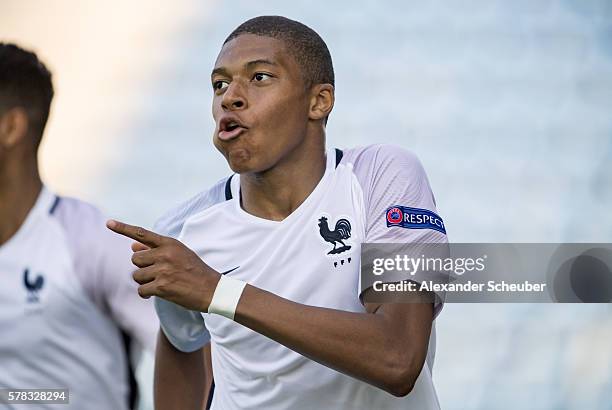 Kylian Mbappe of France celebrates the third goal for his team during the U19 match between Portugal and France at Carl-Benz-Stadium on July 21, 2016...