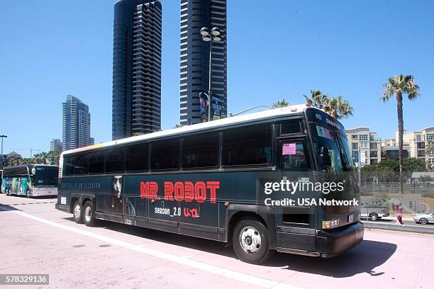 At Comic-Con" -- Pictured: "Mr. Robot" Bus Wrap --