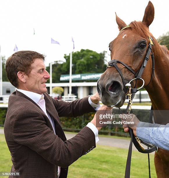 Dublin , Ireland - 21 July 2016; Trainer Johnny Murtagh with Windsor Beach after winning the Morocco Sorec Apprentice Handicap during the Bulmers...