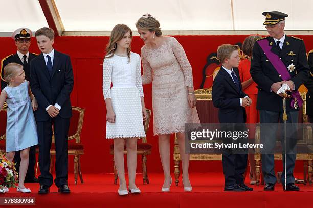 Belgium's Princess Eleonore, Prince Gabriel, Crown Princess Elisabeth, Queen Mathilde of Belgium, Prince Emmanuel and King Philippe of Belgium attend...