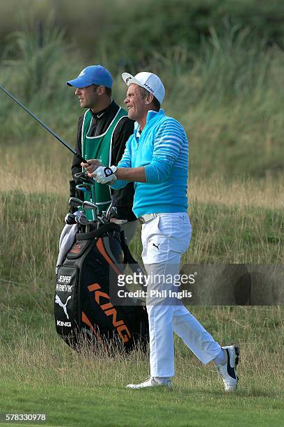 Jesper Parnevik of Sweden in action during practice for the Senior Open Championship previews played at Carnoustie Golf Club on July 20, 2016 in...