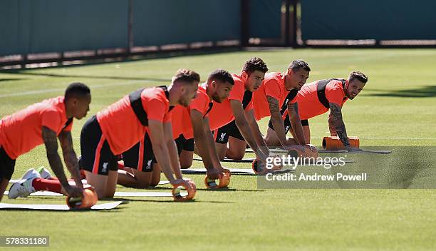 Jordan Henderson, Kevin Stewart, Marko Grujic, Dejan Lovren and Danny Ings of Liverpool during a training session at Stanford University on July 21,...