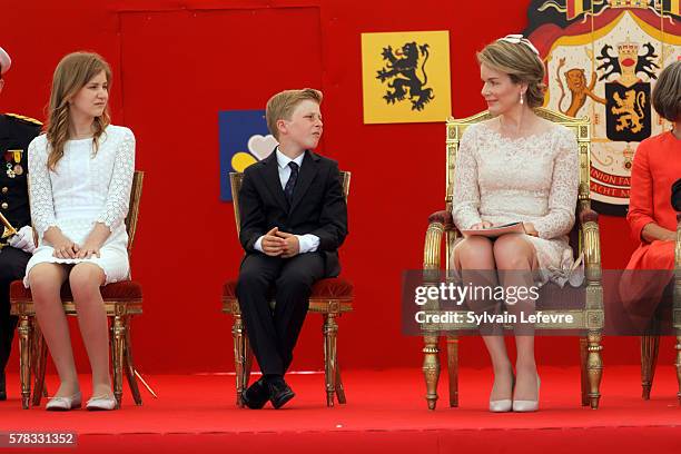 Crown Princess Elisabeth, Prince Emmanuel, Queen Mathilde of Belgium and King Philippe of Belgium attend the Military Parade to celebrate Belgium's...