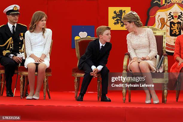 Crown Princess Elisabeth, Prince Emmanuel, Queen Mathilde of Belgium and King Philippe of Belgium attend the Military Parade to celebrate Belgium's...