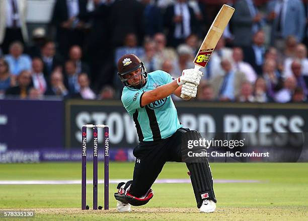 Aaron Finch of Surrey hits out during the NatWest T20 Blast match between Middlesex and Surrey at Lord's Cricket Ground on July 21, 2016 in London,...